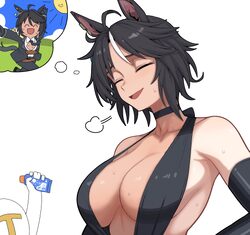 1boy 1girl ahoge alternate costume animal ears black hair black slingshot swimsuit blush breasts cleavage closed eyes c…