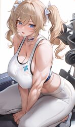 1girl alternate breast size (larger) alternate costume barbara (genshin impact) between legs blonde hair blue choker bl…