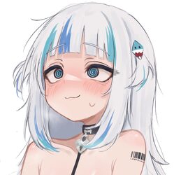 1girl @ @ absurdres barcode barcode tattoo blue eyes blue streaks blunt bangs blush collar commentary english commentar…