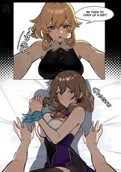 2girls bare arms black shirt blonde hair blue eyes blush bound bound wrists breasts brown hair closed mouth commentary …