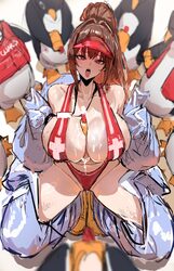 1girl absurdres animal costume bare shoulders bird bird costume blurry blurry foreground blush breasts brown eyes brown…