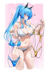 2girls absurdres alternate costume bikini blue bikini blue eyes blue hair bra breasts clothes hanger commentary request…
