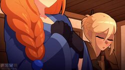 2girls animated armpits aroused nosebleed blonde hair blood blue bra blue robe blush bra braid breast awe breasts cleav…