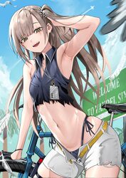 1girl absurdres arm up armpit focus armpits bicycle black gloves blush brown hair commentary crop top flat chest girls …