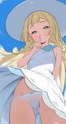 1girl absurdres artist name ass visible through thighs blonde hair blush braid commentary request dress finger to mouth…