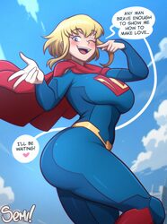 1girl  d artist name ass belt blonde hair blue bodysuit blue eyes blue sky blush bodysuit boots breasts cape cloud comm…