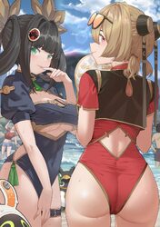 2girls adapted costume ass bangboo (zenless zone zero) black-framed eyewear black dress black hair black shrug blaze (z…