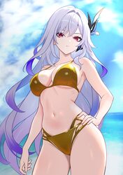 1girl absurdres alternate costume bikini breasts cleavage closed mouth collarbone commentary request day frown futatuno…