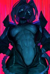 1girl abs absurdres adhesive bra ahoge blue eyes braid breasts commentary cowboy shot cyberpunk cyberpunk (series) cybe…