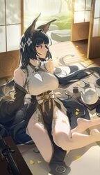 1girl absurdres animal ears bare shoulders black hair breasts commentary dress fox ears fox girl hair spread out highre…