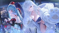 2girls animal costume artist request azur lane bear costume bikini black sleeves blue bikini blue hair breasts building…