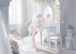 1girl ass azur lane breast rest breasts bridal veil curtains day flower from behind game asset grey hair hair between e…