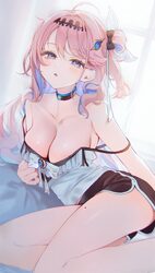 1girl adapted costume ahoge ai-assisted bare shoulders black bow black choker black shorts blue eyes blue hair bow brea…