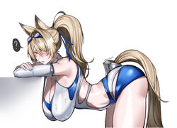 1girl ? absurdres animal ear fluff animal ears bent over blonde hair blue eyes blue lips blue nails blue one-piece swim…