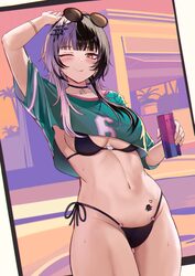 ) 1girl  p absurdres adjusting eyewear arm up bikini bikini top under shirt bikini under clothes black bikini black cho…