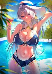 1girl absurdres alternate costume arm behind head bikini blue bikini blush breasts cleavage closed mouth collarbone com…