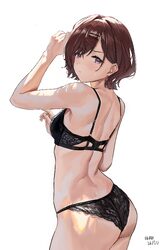 1girl absurdres ass black bra black panties bra breasts brown hair commentary request dated highres higuchi madoka idol…