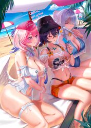 3girls absurdres adapted costume arm hug bare legs beach beach umbrella belle (summer skies) (zenless zone zero) belle …