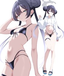 1girl bikini black bikini blue archive blush braid braided base breasts bun with braided base commentary cropped hoodie…