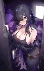1girl absurdres belt black hair black sweater book breasts brown belt cleavage commentary doorway glasses goddess of vi…