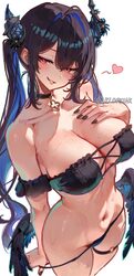 1girl asymmetrical horns bare shoulders bikini bikini bottom lift black bikini black choker black hair black horns blac…