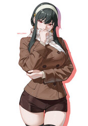 1girl absurdres black hair breasts brown jacket brown shorts commentary earrings english commentary hairband highres ja…