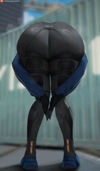 1girl amen pose (meme) artist name ass ass focus black gloves black pants blue jacket blue shoes blurry blurry backgrou…