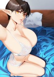 1girl bed bed sheet blueorca bra breasts brown eyes brown hair cleavage curvy elf highres huge breasts indoors looking …