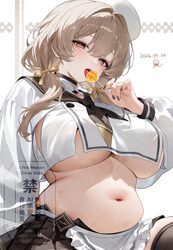 1girl black nails black thighhighs bready (nikke) breasts brown eyes brown hair candy commentary request cropped shirt …