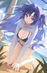 1girl all fours alt text beach bikini black bikini blue archive blue eyes breasts cleavage cloud hair between eyes halo…