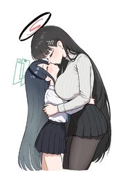 2girls age difference aris (blue archive) black hair black skirt blue archive blush breasts brown pantyhose closed eyes…