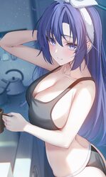 1girl absurdres ass black panties black sports bra blue archive breasts cleavage coffee mug commentary request contrast…