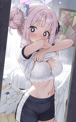 1girl absurdres bare arms black shorts blue archive blush bow bow bra bra breasts bright pupils caught cleavage comment…