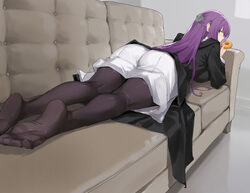 1girl black pantyhose black robe blush commentary couch donut dress eyelashes feet fern (sousou no frieren) food foresh…