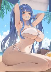 1girl absurdres arcana (nikke) basket beach beach umbrella bikini blue eyes blue hair blue sky bottle breasts commentar…