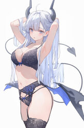 1girl absurdres arms behind head arms up black bra black garter belt black horns black panties black thighhighs bra bre…