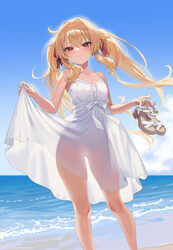 1girl bare legs beach blonde hair blue sky breasts chinese commentary cloud commentary request day dress floating hair …