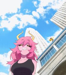 1boy 1girl afro animated ashido mina ass black dress black hair boku no hero academia bracelet breasts cape colored ski…