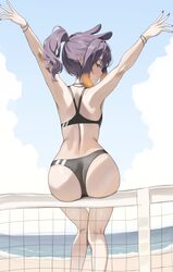 1girl absurdres arms up ass ass rest back bare arms beach bikini black bikini blunt bangs blush bracelet cloud cloudy s…