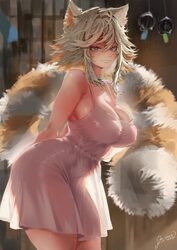 1girl absurdres ahoge arhiel bare shoulders breasts cleavage curvy demenishki dress facial mark fluffy tail highres ind…