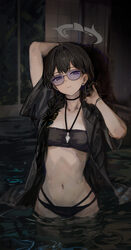 1girl absurdres arm behind head bandeau bikini black bikini black hair black jacket blue-tinted eyewear blue archive br…