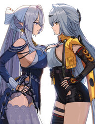 2girls absurdres blue eyes breast press breasts commentary from side grey hair hair ornament hairclip hands on own hips…