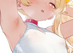 1girl armpit focus armpits arms behind head arms up bare shoulders blonde hair blue archive blush breasts choker clothi…