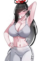 1girl alternate costume arm behind head armpits bare shoulders black hair black halo blue archive blunt bangs blush bre…
