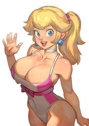 1girl  d adapted costume bare shoulders blonde hair blue eyes bow breasts casual one-piece swimsuit choker cleavage col…