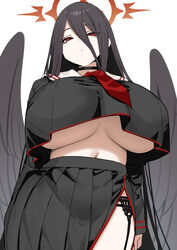 1girl black garter straps black hair black wings blue archive breasts commentary crop top crop top overhang cropped shi…