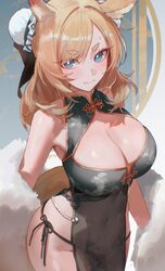 1girl absurdres animal ears arknights black dress blonde hair blue eyes blush breasts bun cover chinese clothes cleavag…