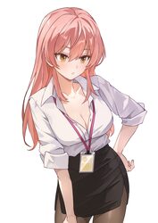 1girl absurdres b1ack illust black pantyhose black skirt breasts brown eyes cleavage collarbone collared shirt commenta…