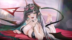 azur lane barefoot bikini black bikini black hair breasts earrings fang game asset goetz von berlichingen (azur lane) g…