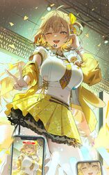 1girl 2others  d absurdres ahoge anis (nikke) anis (star) (t.t. star) (nikke) blonde hair breasts brown hair cellphone …